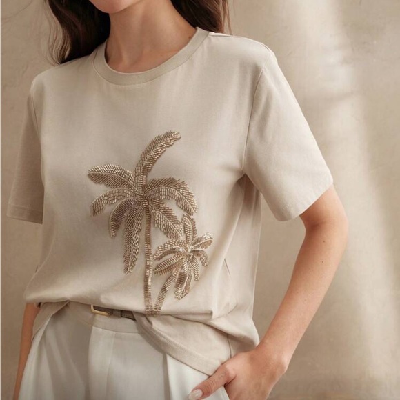 Tops - Beige Palm tree Embellished Women's Top